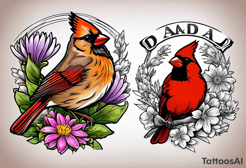 Aster flowers and sea rocket flowers with a cardinal around the words Dad tattoo idea