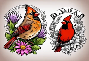 Aster flowers and sea rocket flowers with a cardinal around the words Dad tattoo idea