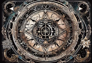 Matter, energy, space and time with an old stone theta symbol with stars in the background and Scorpio constellation tattoo idea