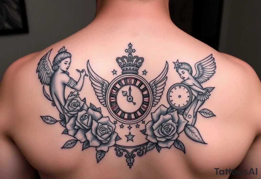 Roulette casino and princess and cross, baby angels, roses and clock and stars and fish, crown tattoo idea