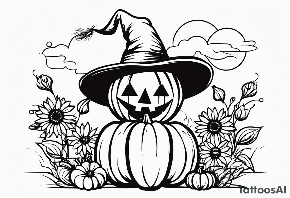 friendly scarecrow with pumpkins and flowers tattoo idea