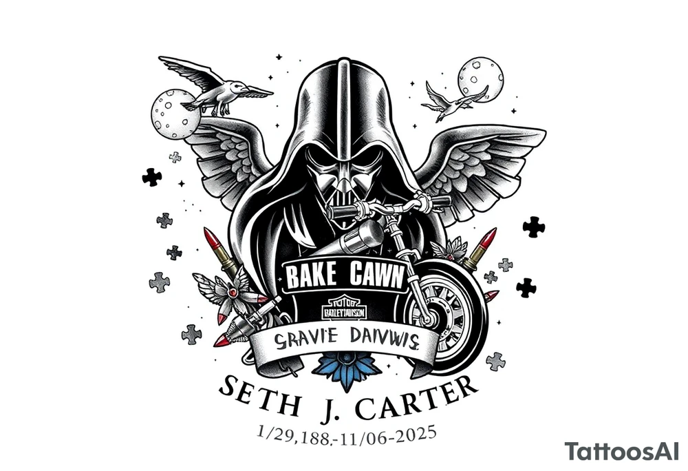 memorial, futuristic, star wars, space, Harley Davidson, skateboarding, camping, puzzle pieces, video games, heaven, god, outdoors, bullets,
Seth J. Carter AKA "Darth Carter"
12/29/88-01/06/2025 tattoo idea