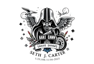 memorial, futuristic, star wars, space, Harley Davidson, skateboarding, camping, puzzle pieces, video games, heaven, god, outdoors, bullets,
Seth J. Carter AKA "Darth Carter"
12/29/88-01/06/2025 tattoo idea