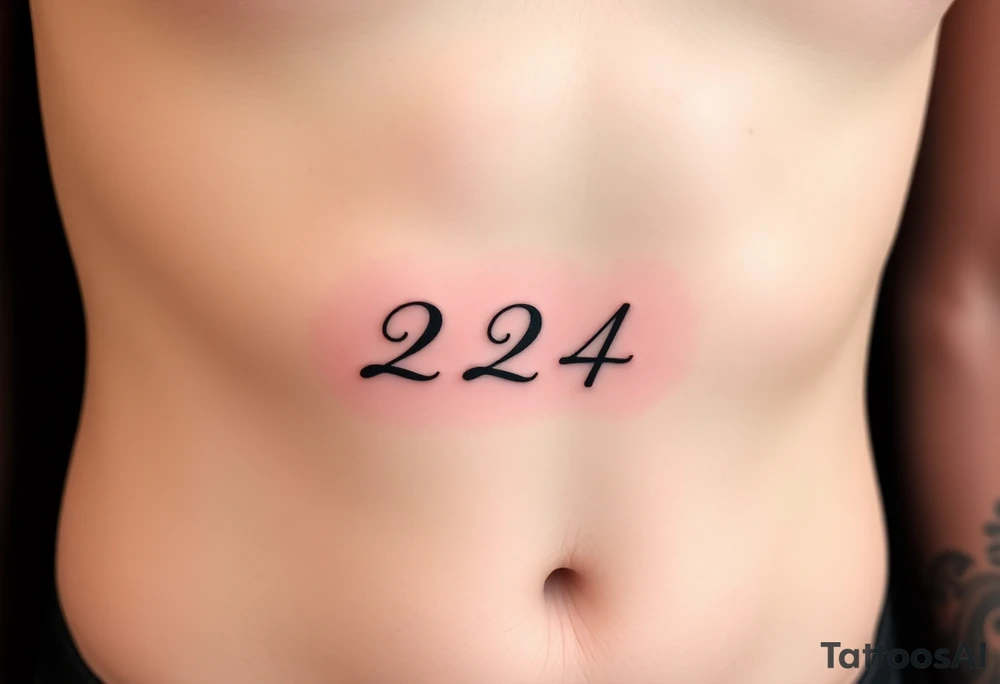 224 tattoo on ribcage under chest left side an elegant handwritten calligraphy style. The digits are slightly italicized with a smooth flowing script. The lines are clean, refined, and slightly bold at the base, giving a subtle brush-pen effect. tattoo idea