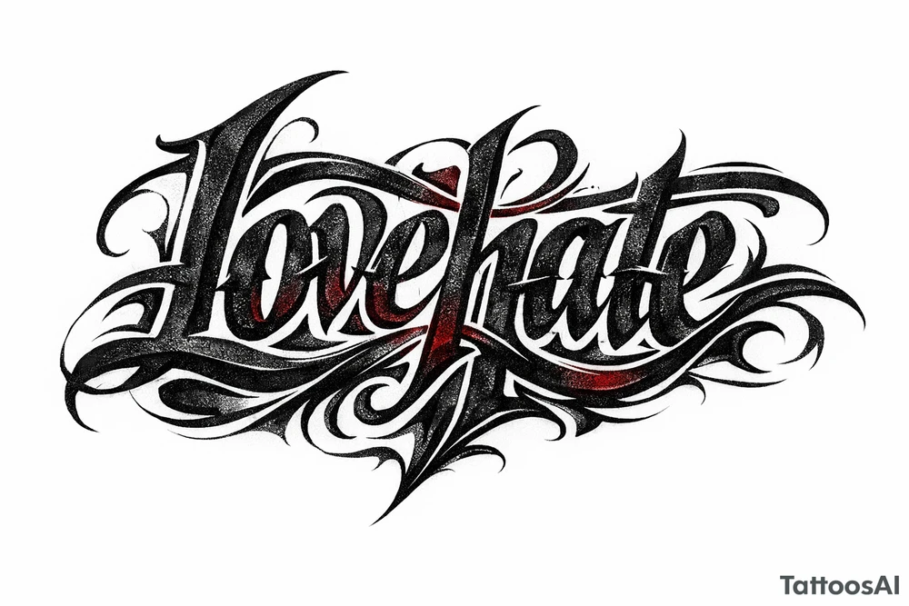Textured font 'lovehate' in charcoal with deep red highlights.combine the two words to make one word overlapping love and hate tattoo idea
