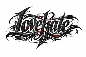 Textured font 'lovehate' in charcoal with deep red highlights.combine the two words to make one word overlapping love and hate tattoo idea