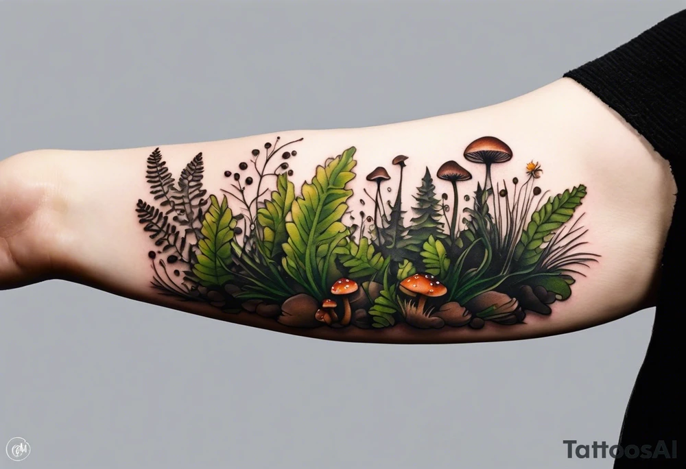 minimalistic forest floor inspired tattoo, which includes grass, moss, curly ferns and dead leaves as the bulk of the tattoo. details to include: forest berries, couple of very small brown mushrooms, a tiny bumblebee flying nearby tattoo idea