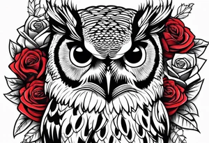 Barred owl and roses tattoo idea