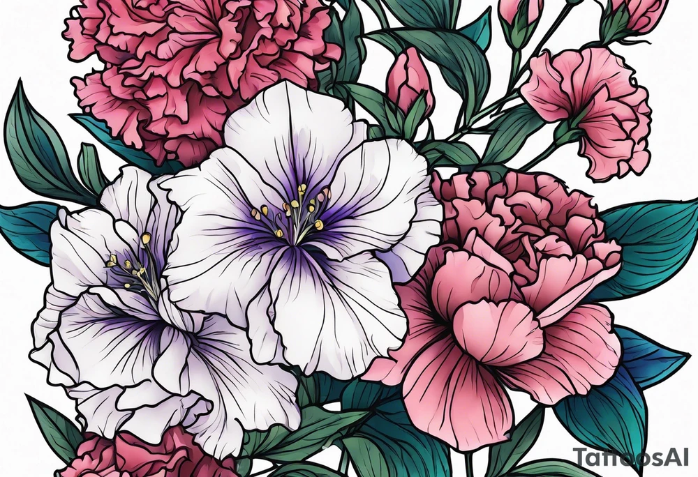 Larkspur flowers and carnation flowers in all color tattoo idea