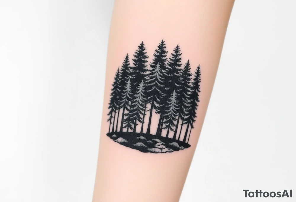 Densely wooded area full of tall pine trees growing from a black ground tattoo idea