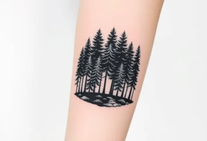 Densely wooded area full of tall pine trees growing from a black ground tattoo idea