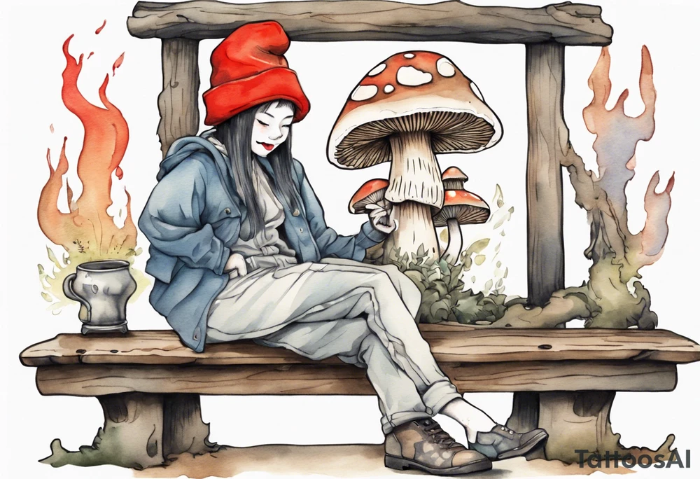 a mushroom Gwyllion
wearing a mushroom hat sitting on a bench by a fireplace drinking from a wood cup, laughing tattoo idea