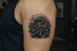 Graveyard scene with skull in helmet, cigar, crossed rifles, knife, grenade, cartridges, dark fantasy. tattoo idea