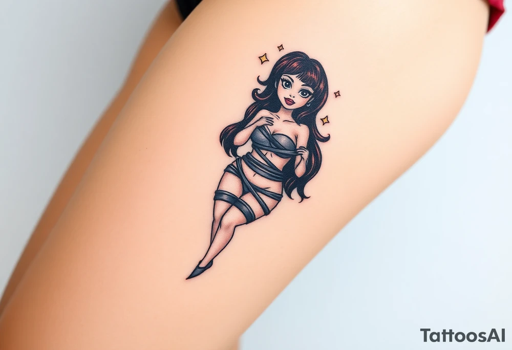 Stylized comic book woman in bondage on thigh tattoo idea