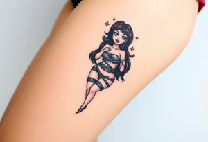 Stylized comic book woman in bondage on thigh tattoo idea