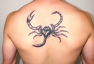 Large black scorpion, forked tail with stinger, unique drawing style tattoo idea