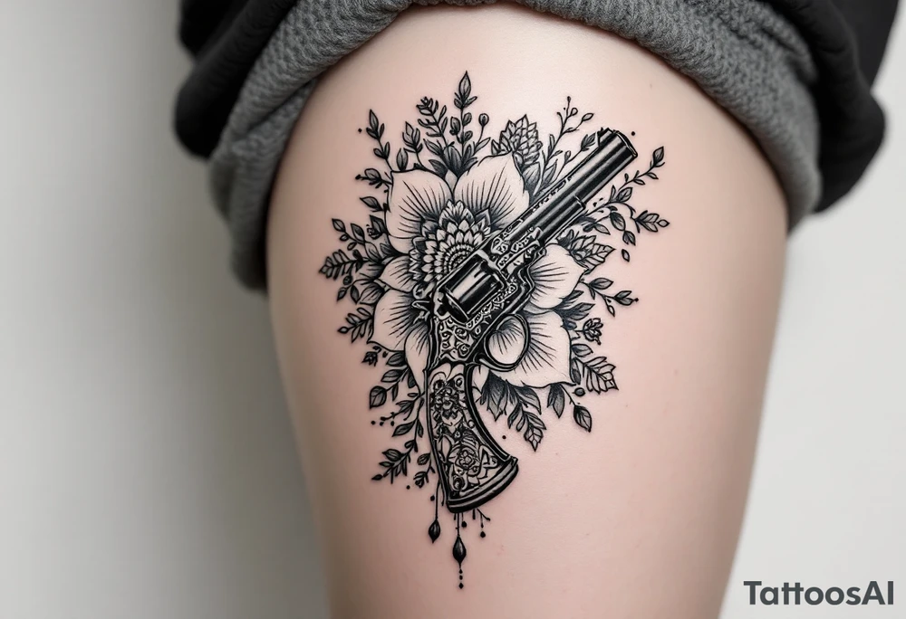 Gun mandala and flowers tattoo idea