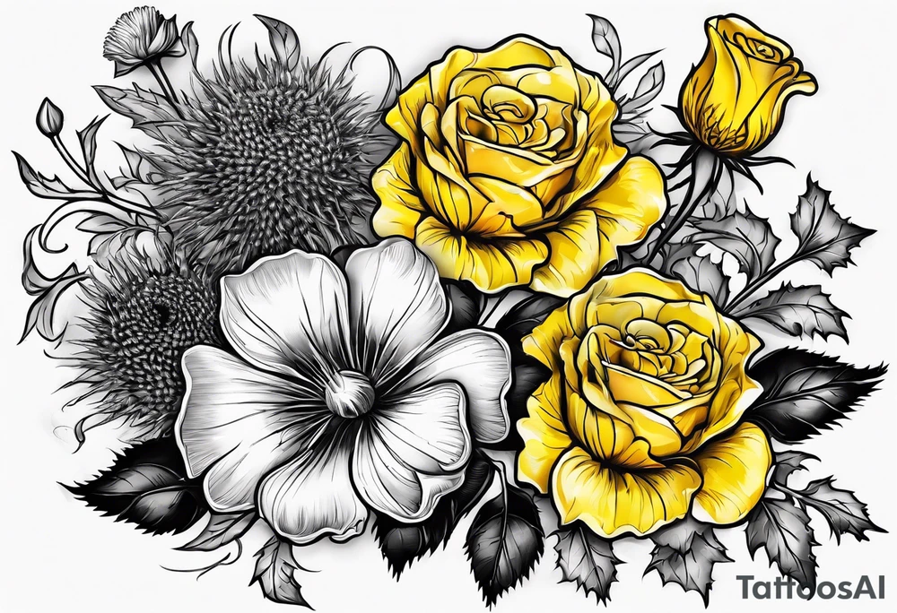 3 flowers, A thistle and a yellow rose and a shamrock, whose stems spell K N D. tattoo idea