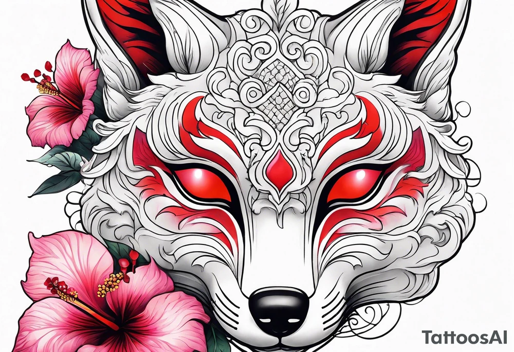 White japanese mask that looks like a kitsune with red accents and pink hibiscus flowers tattoo idea