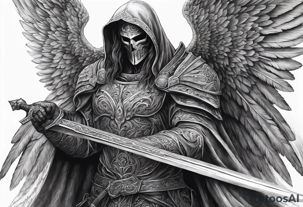 realistic angel of death, man, full body, no face visible, holding one sword, sword vertically pointing downwards tattoo idea