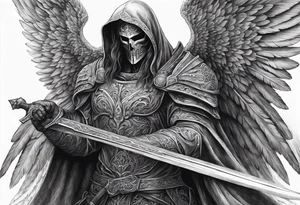 realistic angel of death, man, full body, no face visible, holding one sword, sword vertically pointing downwards tattoo idea