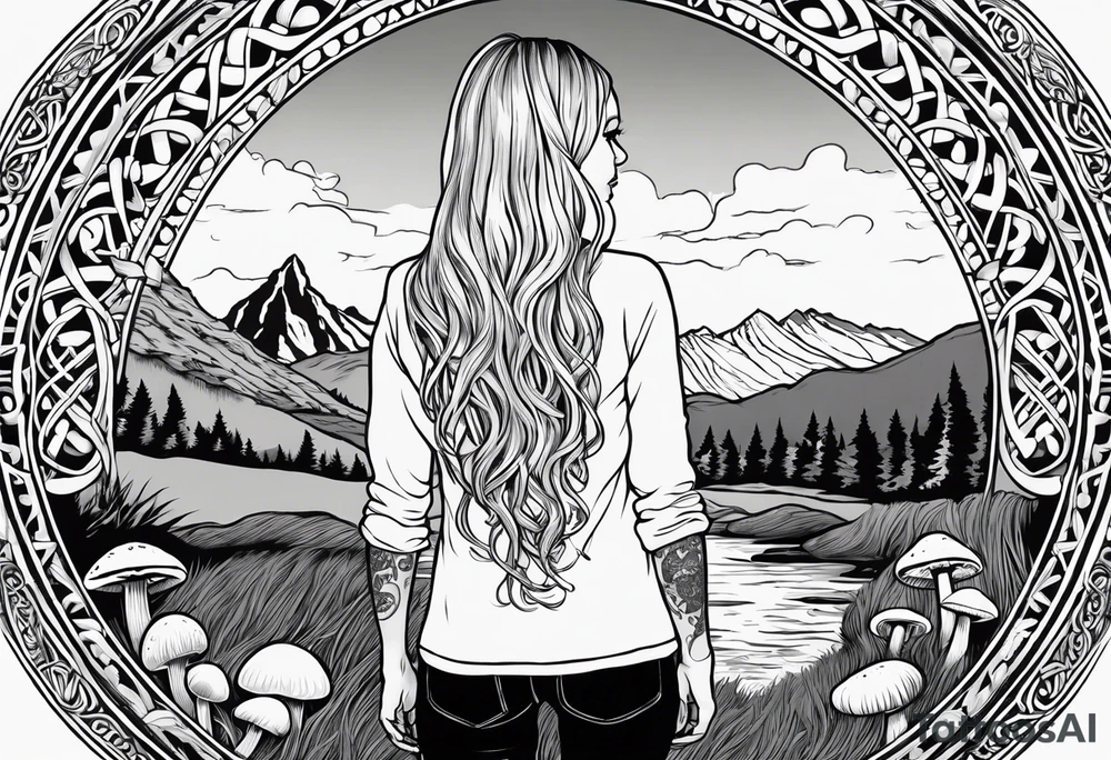 Whole picture encircled fully

Straight long blonde hair hippie girl in distance holding mushrooms in hand facing away toward mountains and creek surrounded by mushrooms long sleeve shirt and hiking pants; whole rendering within a full celtic circle, no cut off circle tattoo idea
