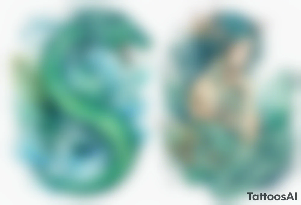 a blue-green Naiad next to a sea serpent tattoo idea