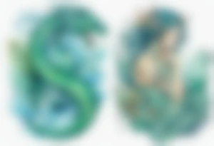 a blue-green Naiad next to a sea serpent tattoo idea