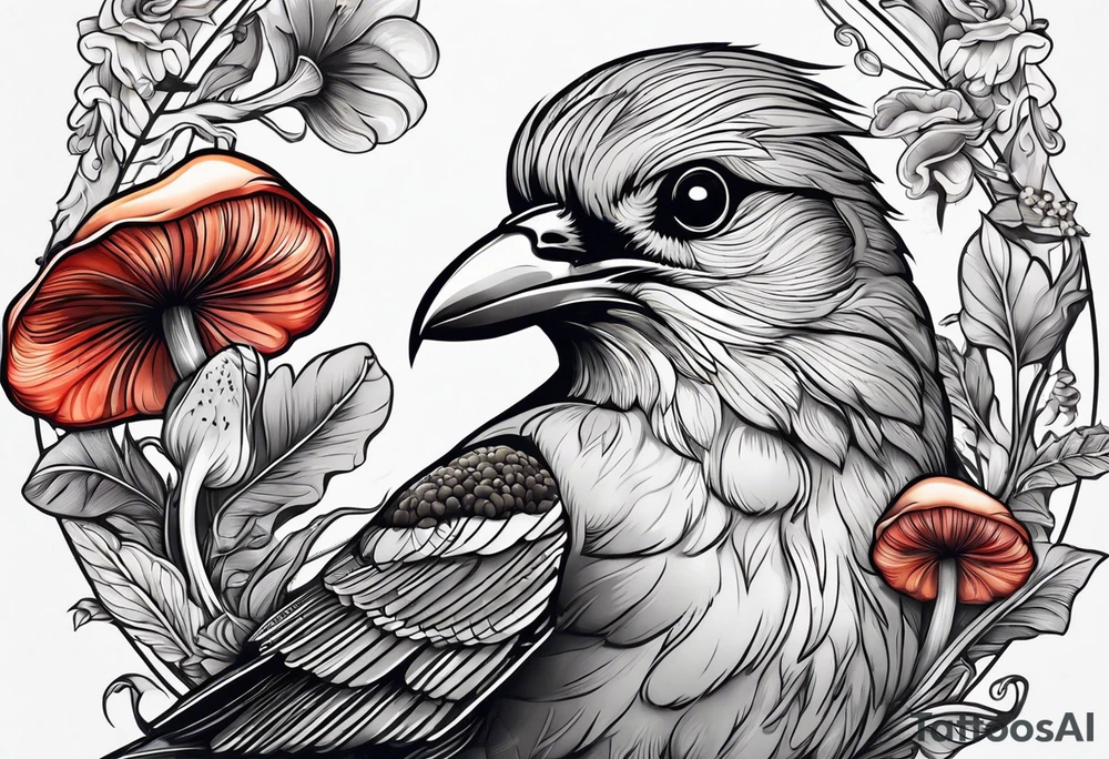 Bird head with mushrooms and nature in the background tattoo idea