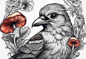 Bird head with mushrooms and nature in the background tattoo idea