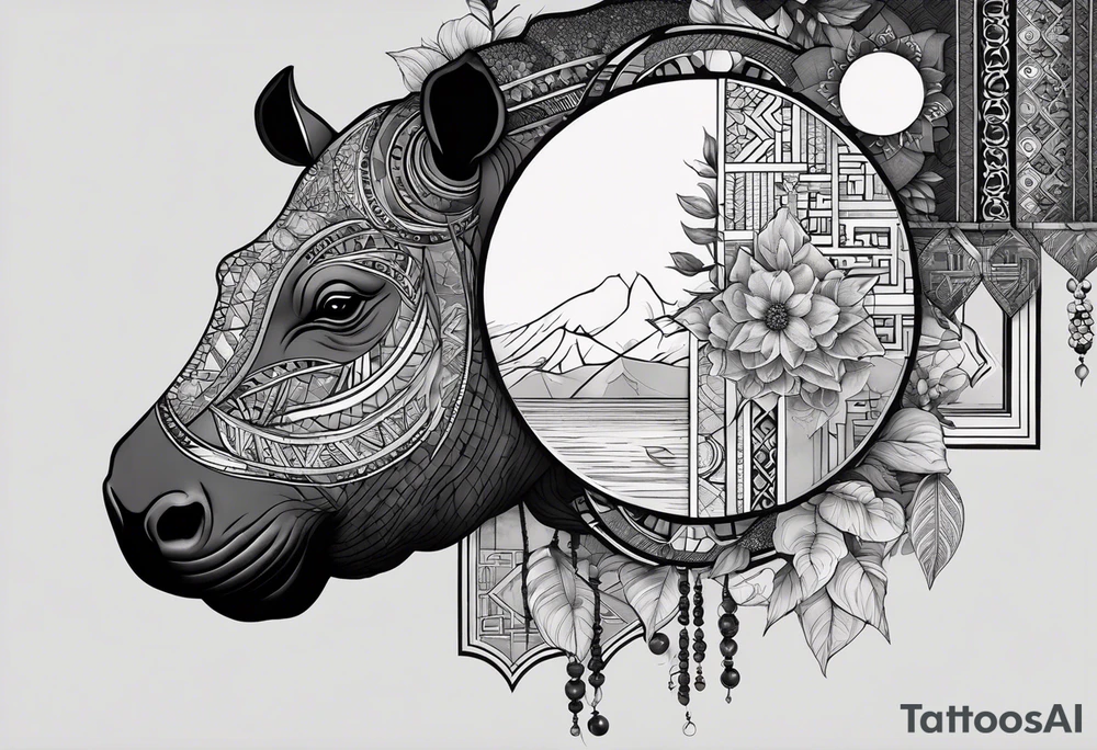 Very asymmetrical, +geometric pattern, with realistic full moon, with hippo,+tribal, +geometric, +inkart , +blackwork, +grey scale, + sketch
with wintersweet flower bud, +inkart touch, +for men, detailed , combined favourite , tattoo idea