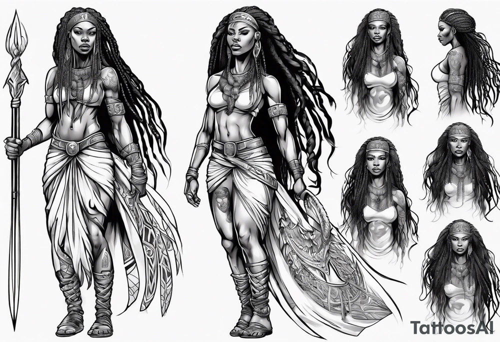 African female Viking warrior full body angelic
slim long face long braided hair descending from heaven tattoo idea