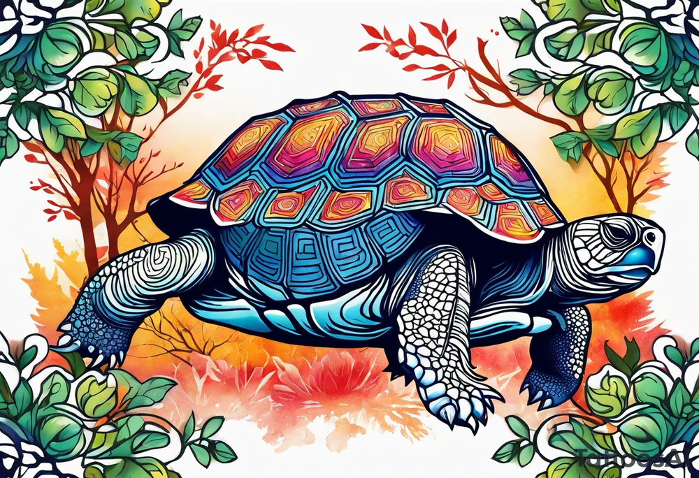 Colourful tortoise with trees tattoo idea