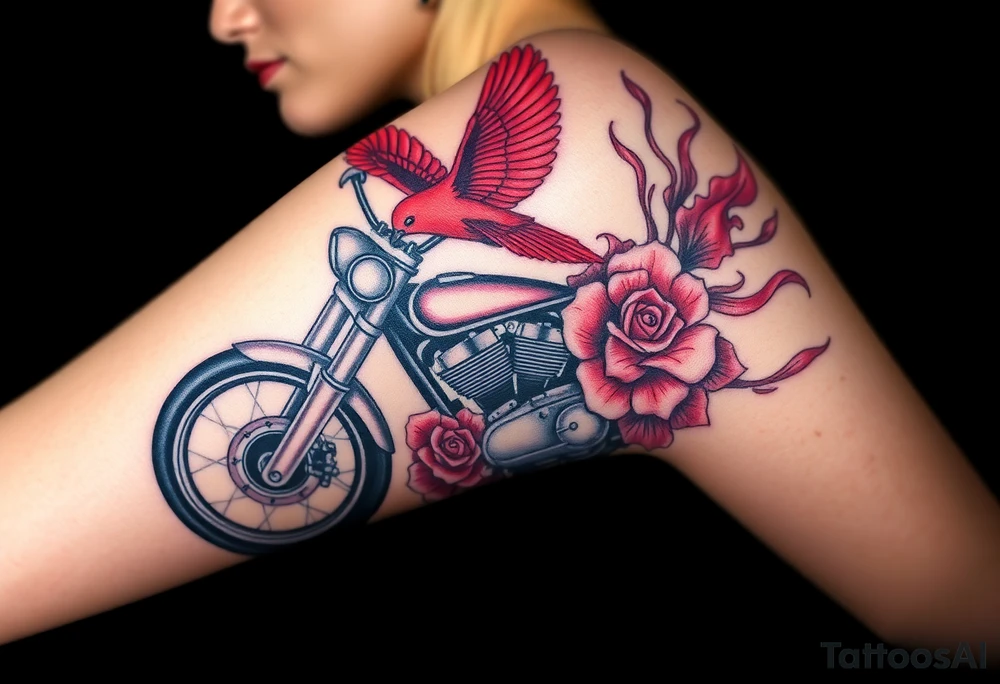 Motorcycle, red bird flying, roses and lace, flames tattoo idea