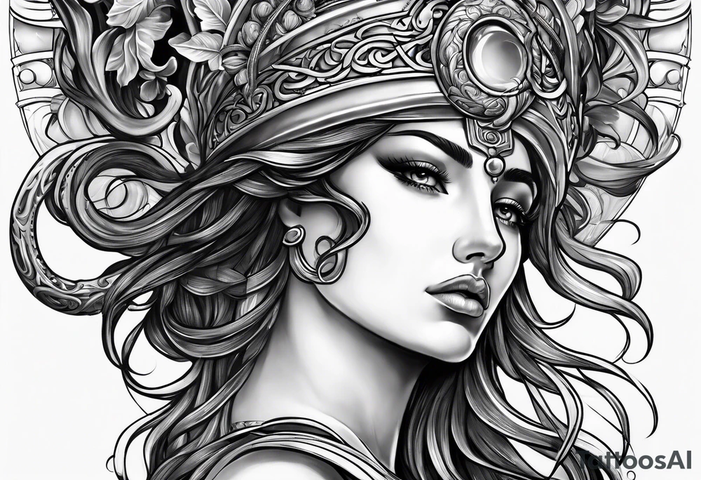 Athena sad looking up at medusa tattoo idea