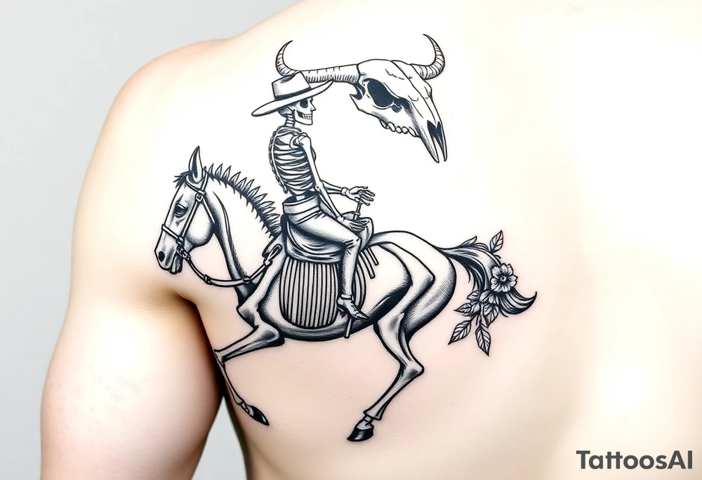 cowboy skeleton riding a horse skeleton on bicep, sized to fill most of the outer bicep. mountain/longhorn skull over the shoulder cap. Fill with (stars, dots, and flowers) tattoo idea