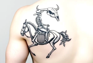 cowboy skeleton riding a horse skeleton on bicep, sized to fill most of the outer bicep. mountain/longhorn skull over the shoulder cap. Fill with (stars, dots, and flowers) tattoo idea