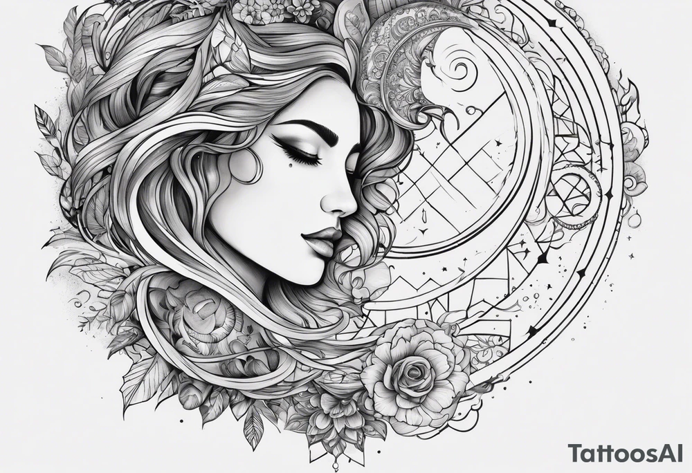 sleeve for my right arm 
Large designs 
Sun and moon spiritual 
Dark feminine without faces 
Shows how all things are connected 
Shows love for nature and the ocean 
Shows strength and bravery tattoo idea
