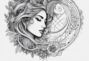 sleeve for my right arm 
Large designs 
Sun and moon spiritual 
Dark feminine without faces 
Shows how all things are connected 
Shows love for nature and the ocean 
Shows strength and bravery tattoo idea