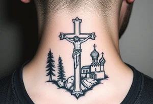 Traditional orthodox ICXC Christian cross with an orthodox Jesus Christ on the cross in a wilderness Russian Kremlin setting tattoo idea