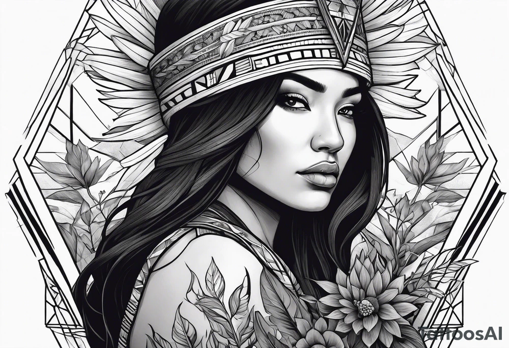 War indigenous woman holding a cross with plants and nature behind her, half sleeve tattoo idea