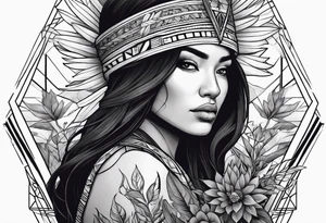 War indigenous woman holding a cross with plants and nature behind her, half sleeve tattoo idea