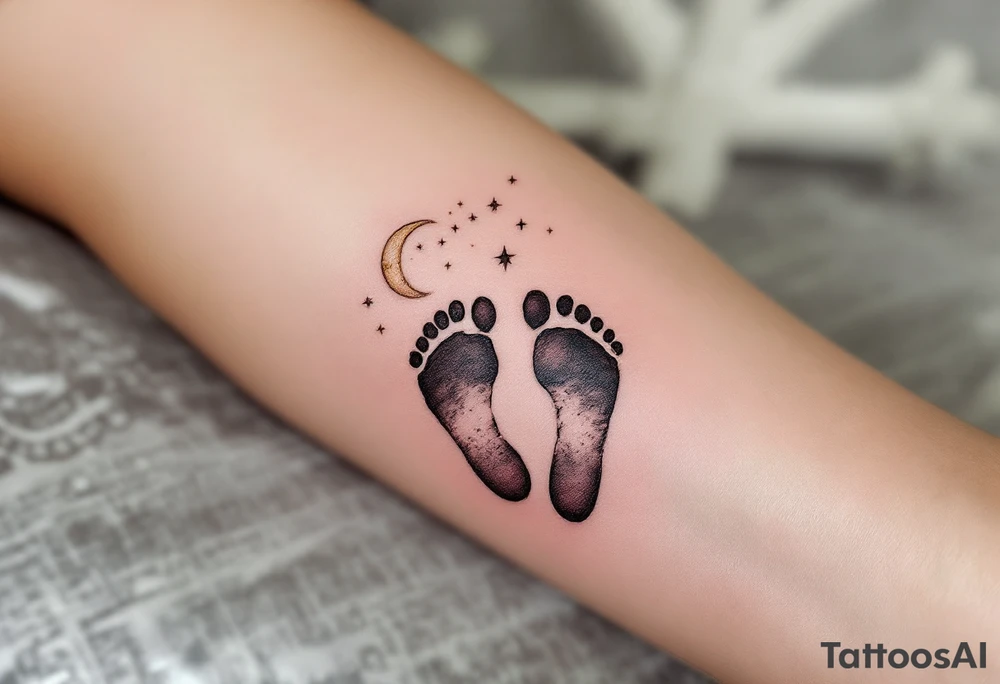 Soft peach and white footprints of Laura, with a whimsical moon cradling the prints, as a reminder of her gentle dreams. tattoo idea