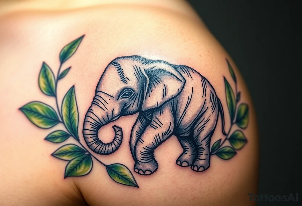 A baby elephant holding its parent’s trunk, surrounded by soft green leaves and warm earth tones, symbolizing guidance and protection tattoo idea