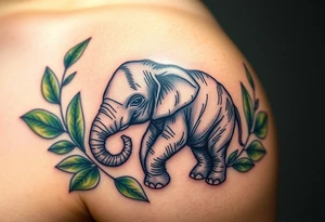 A baby elephant holding its parent’s trunk, surrounded by soft green leaves and warm earth tones, symbolizing guidance and protection tattoo idea