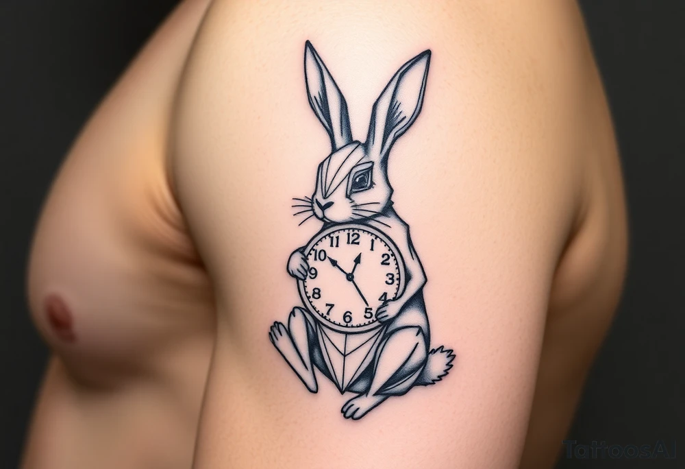 Geometrical rabbit holding a clock tattoo idea