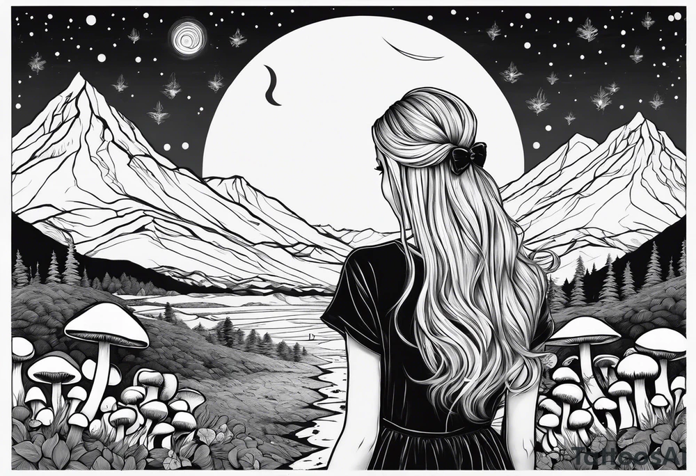 Straight blonde hair girl facing away mountains surrounded by mushrooms crescent moon tattoo idea