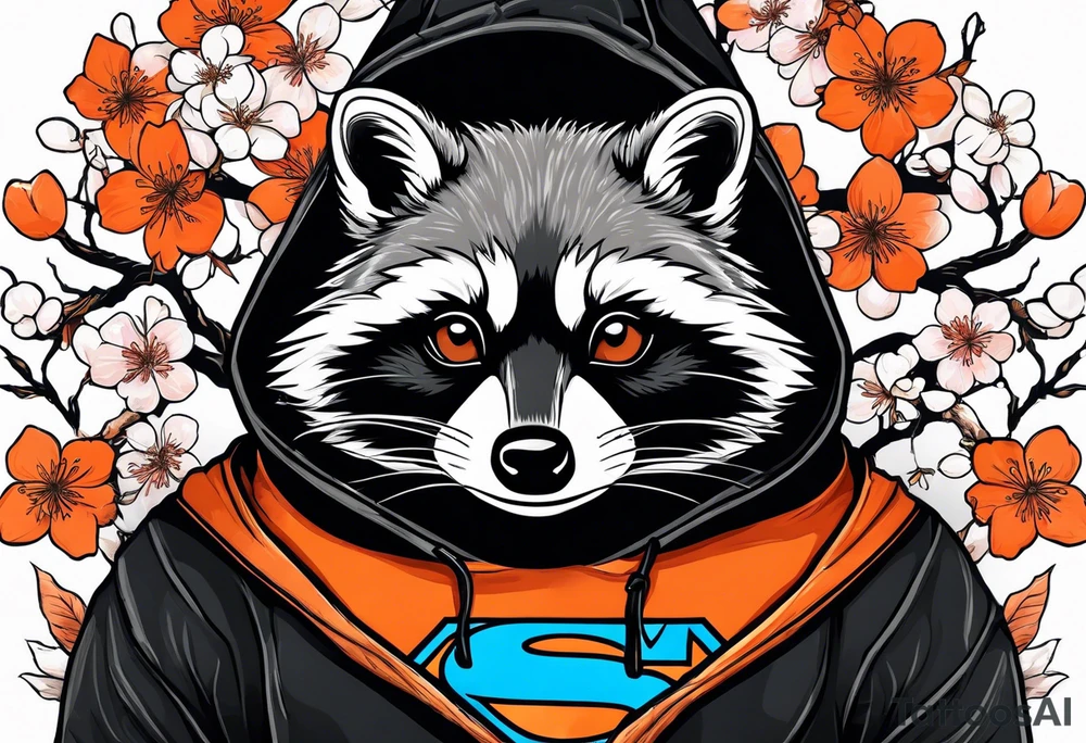 Raccoon wearing a white Superman logo on a black hoodie and orange Japanese cherry blossoms beside tattoo idea