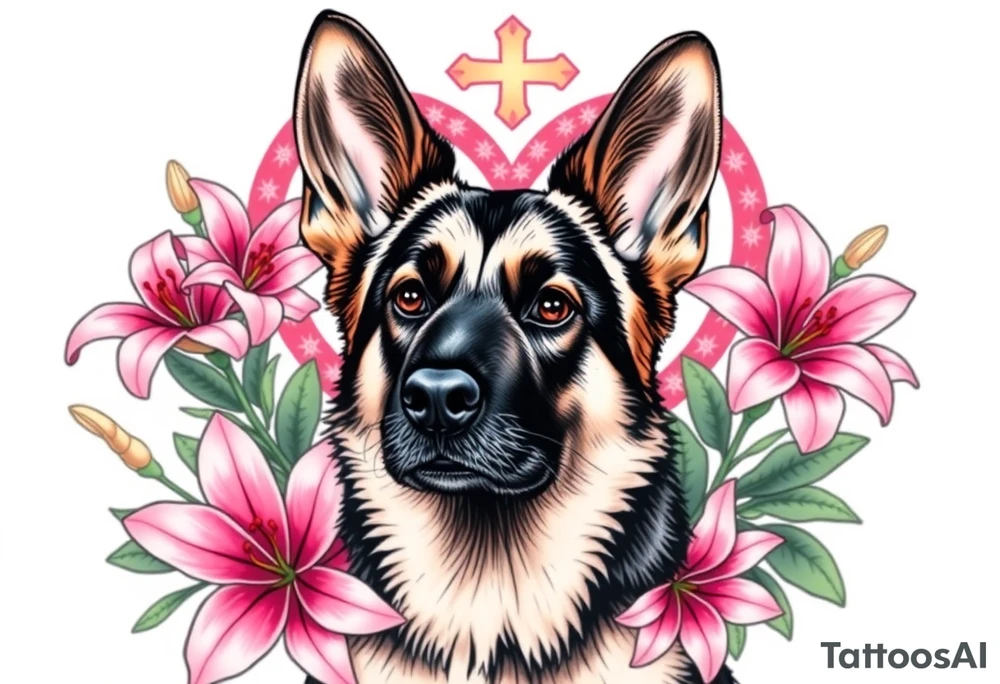 realistic german shepherd with alert ears looking protective surrounded by pink lilies with leaves in front of a sacred heart tattoo idea
