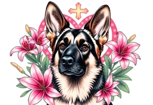 realistic german shepherd with alert ears looking protective surrounded by pink lilies with leaves in front of a sacred heart tattoo idea
